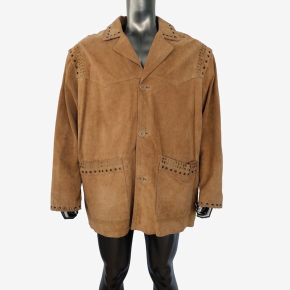 Vintage 1990s Tan Real Leather Suede Western Button Down Jacket Size XL